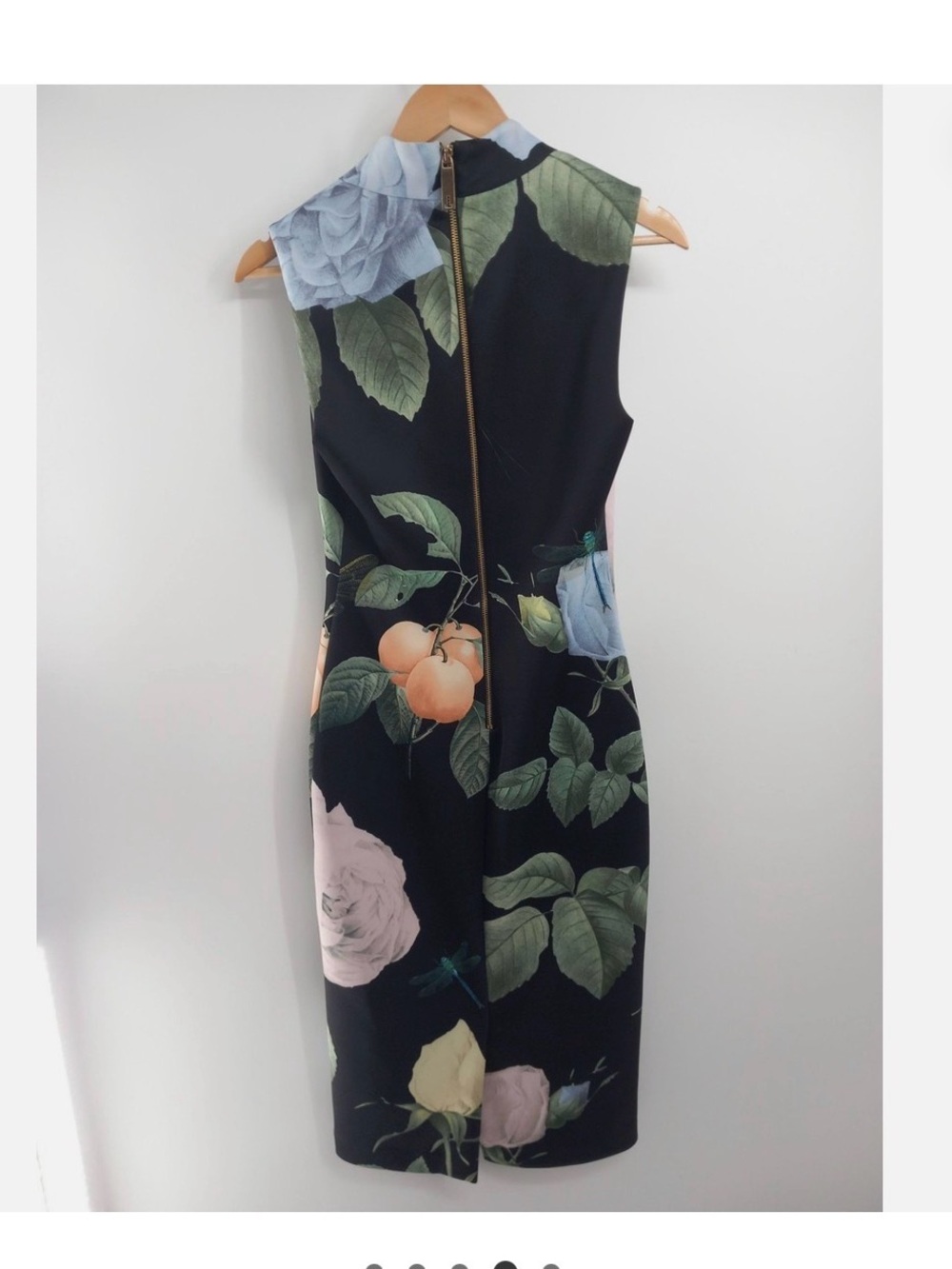 Ted Baker Black Floral Sheath Dress with Green Leaves and Peach Blooms - Picture 4 of 5